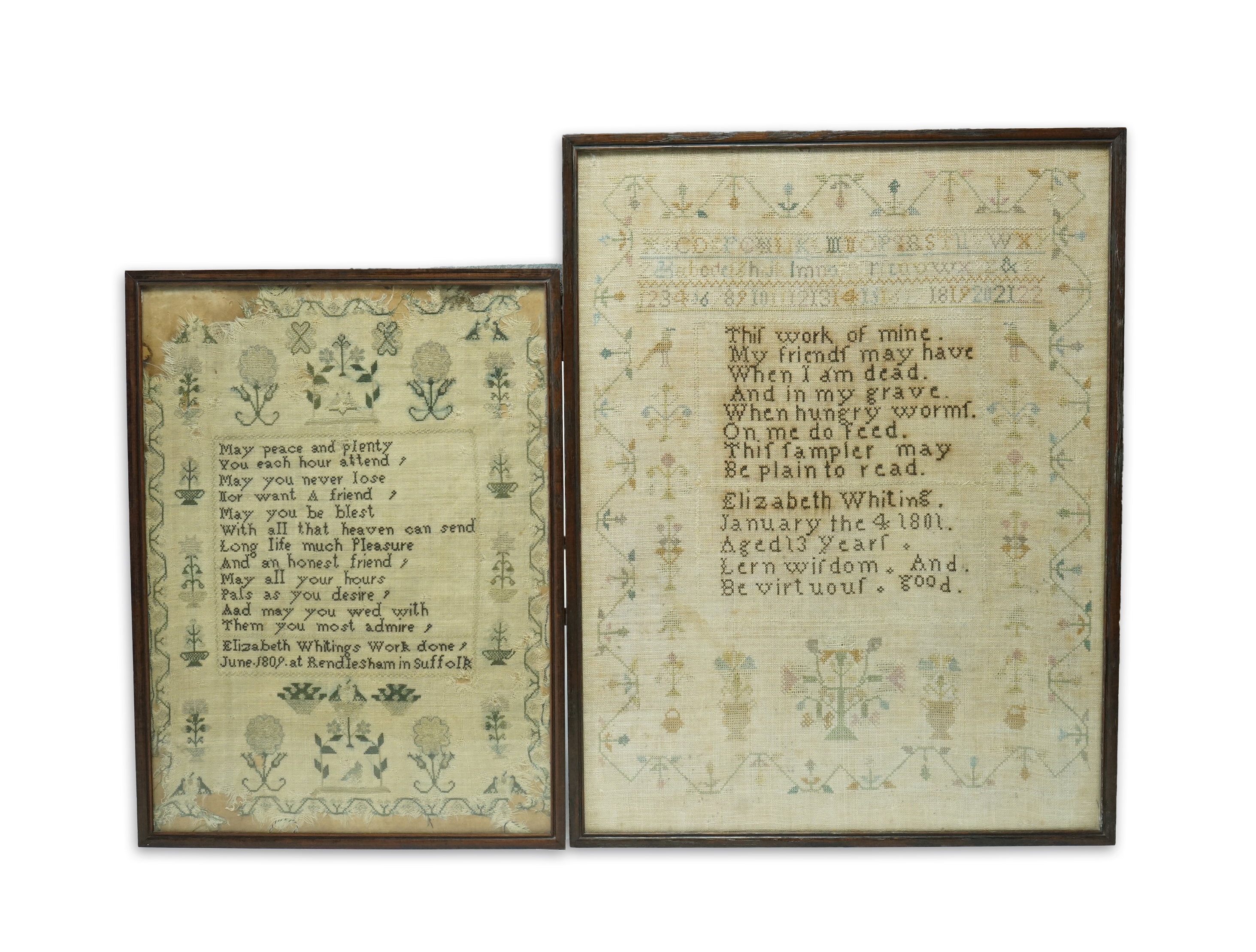 Two samplers by Elizabeth Whiting, one dated 1801 aged 13 years, the other dated 1809, Rendlesham Suffolk. The earlier 40cm wide x 50cm high. The later 31cm wide x 43cm high., Condition - the earlier sampler has faded, t